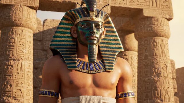 Egyptian pharaoh standing before ancient temple columns
