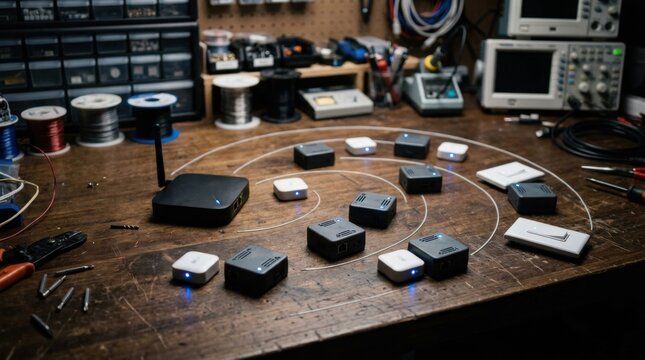 Zigbee mesh network with wireless hub, smart dimmer switches, temperature sensors, and node boxes with blue indicator LEDs