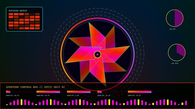 the synthetic perception interface features dynamic aperture mechanisms with glowing geometric shapes pulsing in rhythmic synchronization across a dark screen of digital data visualization elements