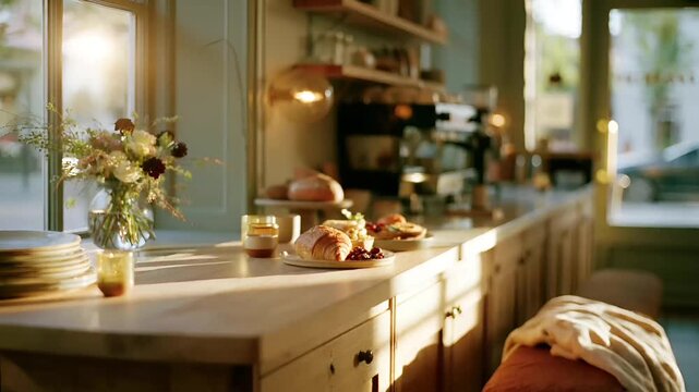 Paris, France, Europe. A detailed, sunlit photograph of a cozy kitchen. The main subject is a wooden countertop with a vase of fresh flowers, a plate of croissants, and a glass of orange juice.