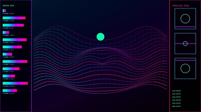 Synthetic perception displayed across multiple digital interfaces showing wavy grid lines and floating circular nodes moving within a dark computer monitor workspace for data visualization analysis