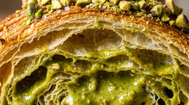Close up shot of fresh golden croissant filled with rich creamy pistachio cream and topped with chopped pistachio nuts macro view of flaky buttery pastry layers and sweet filling