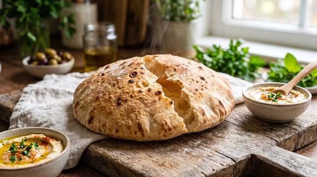 Freshly baked homemade pita bread served with creamy hummus on a rustic wooden board