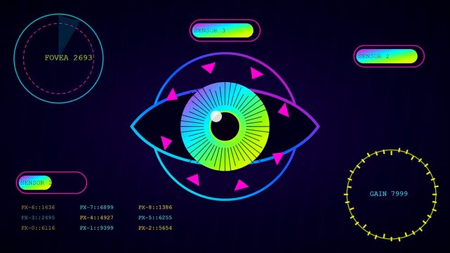 Synthetic perception displays visualize glowing neon eyes featuring interconnected rings with digital markers plus circular data gauges set against a dark grid pattern motion graphics sequence