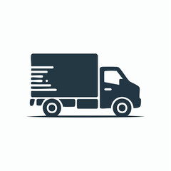 Fototapeta premium A minimalist flat icon depicts a dark blue delivery truck moving with speed lines.