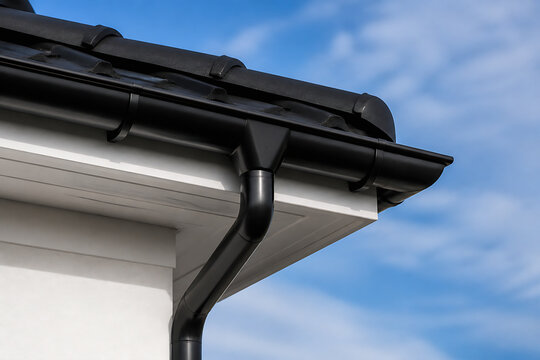 A close-up of a black gutter and downspout system under an eave against a blue, cloudy sky.