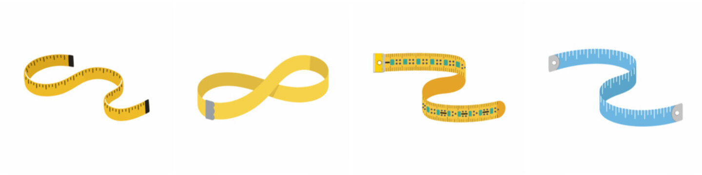 Set of colorful measuring tape illustrations in various curved and wavy shapes for tailoring sewing and fitness projects isolated on white