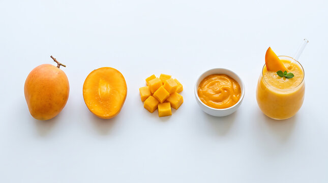 Stages of fresh mango preparation shown step by step from whole fruit half slice diced cubes puree bowl to delicious smoothie drink isolated on white background