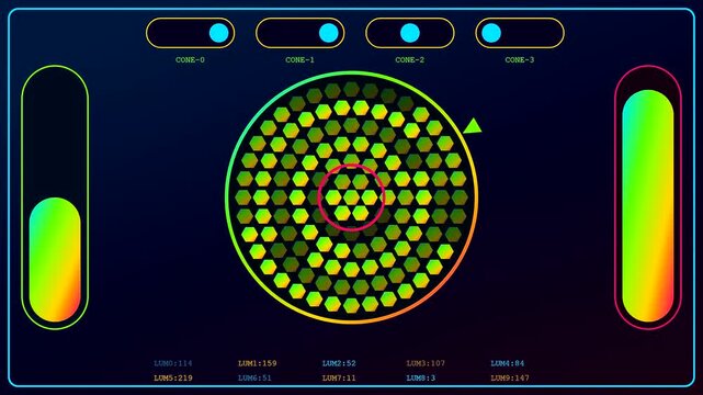 A digital screen interface showcasing synthetic perception data with glowing hexagonal nodes shifting positions while vibrant colored light bars pulse on both sides of displays