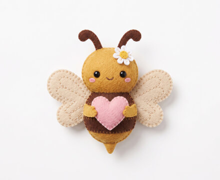 Abeja tierna de fieltro kawaii con margarita sosteniendo un coraz&oacute;n rosa