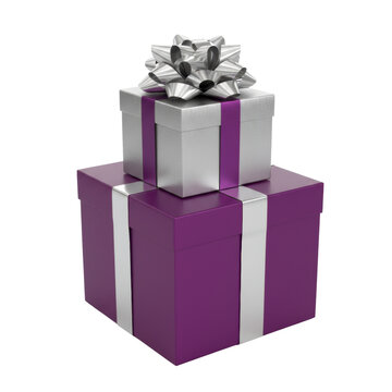 Two stacked luxury gift boxes in matte purple and metallic silver with elegant ribbons and bows on a white background concept of luxury gifting