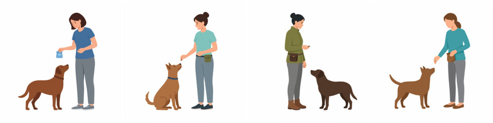 Obraz premium Flat vector illustration set of women training and rewarding their dogs with treats and positive reinforcement
