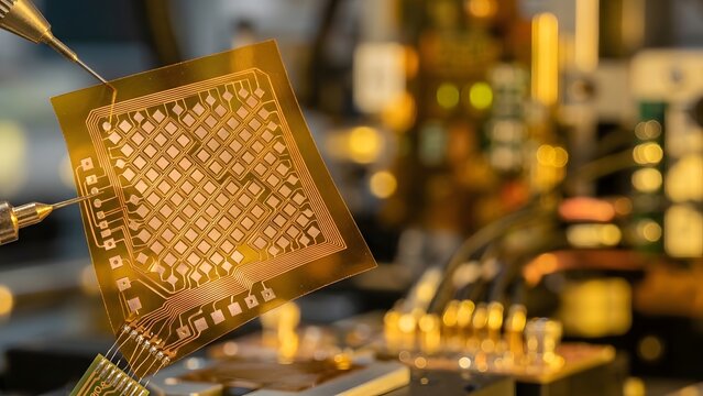 Close-up of a flexible circuit board with a grid of square elements and intricate wiring, held by probes in a laboratory setting.