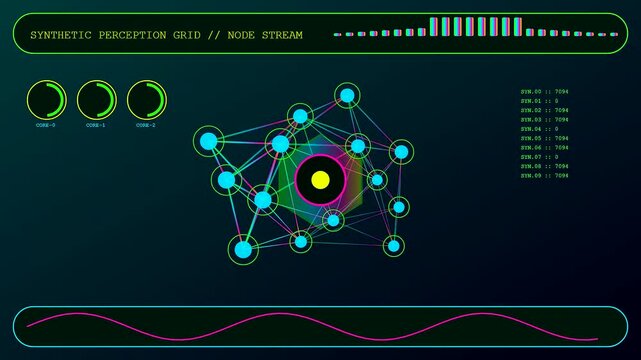 Three panels displaying synthetic perception nodes and oscillating data waves showing glowing interconnected geometric points pulsing inside a dark digital display with vibrant neon linear metrics