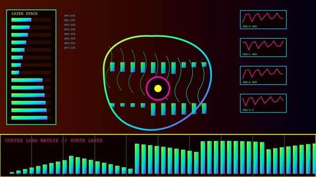 A sequence showing synthetic perception as fluctuating digital data graphs with oscillating wave patterns and layered bar charts moving across a dark screen panel display