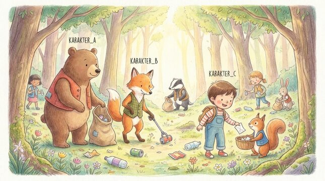 Watercolor illustration of animals and boy cleaning forest.