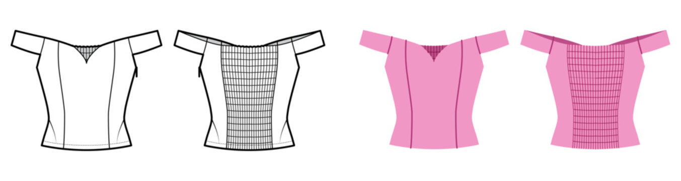 Off shoulder corset top technical fashion illustration with short puff sleeves, structured fitted bodice and elastic smocked panel. Flat CAD apparel template front back view, clean outline.