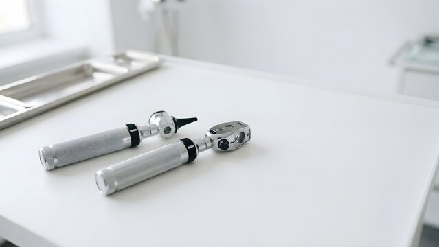 Medical examination tools, otoscopes and ophthalmoscope on a clean white table in a doctor's office, sterile environment.