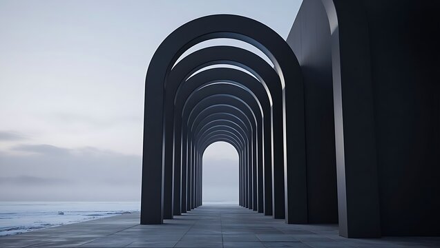 A surreal architectural tunnel of dark arches receding into a misty horizon over water.