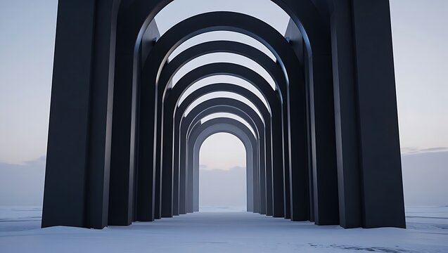 An abstract, modern architectural structure of repeating dark arches receding into a misty horizon over a snowy landscape.