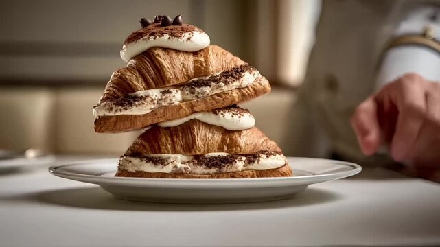 Paris, France, Europe. A closeup shot of a meticulously crafted croissant stack on a white plate. The croissants are layered with creamy white cream and chocolate shavings.