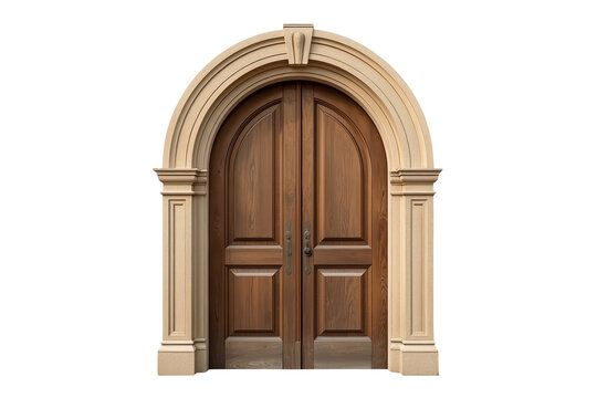 Classic arched wooden double door with pale stone trim