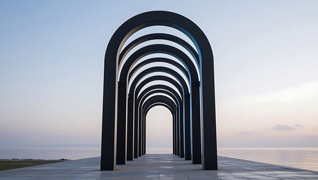 Multiple dark, identical archways create a repeating pattern and a visual tunnel effect against a soft, hazy sky.
