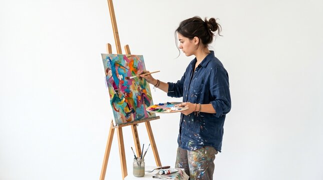 Young woman artist painting abstract artwork on canvas with oil paints on easel in studio