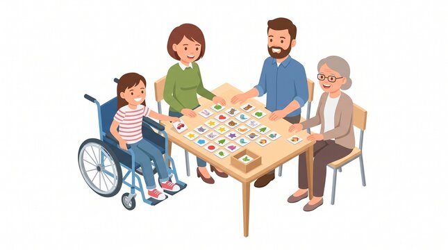 Diverse family enjoys a memory matching game together at a table with a child in a wheelchair