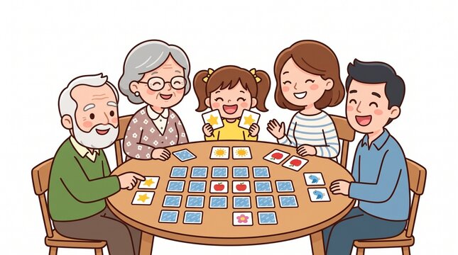 Happy Family Playing Memory Card Game Together Around a Round Table