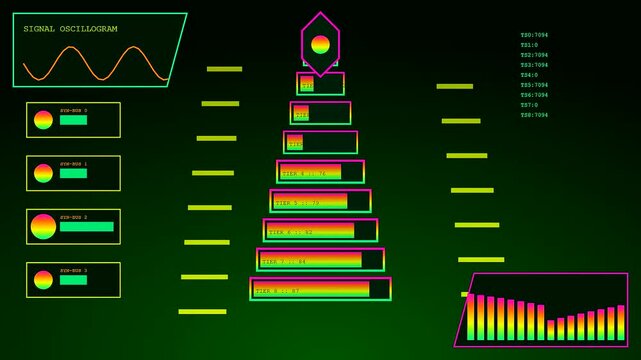 Synthetic perception metrics appear as glowing digital pyramids on a dark interface panel displaying abstract signal data flows and changing numerical values in a sequence
