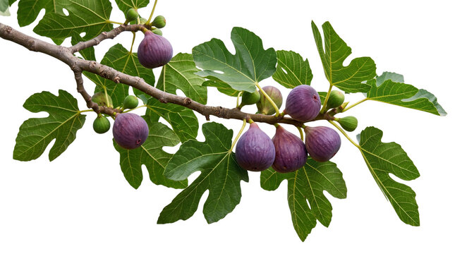 Fresh purple figs on branch with green leaves, ripe fig fruit on tree isolated on white, organic mediterranean agriculture