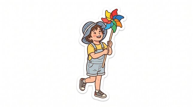 Joyful child wearing overalls and a hat holds a colorful pinwheel on a white background