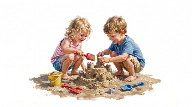 Two happy young children building a sandcastle together on a sunny beach with toys
