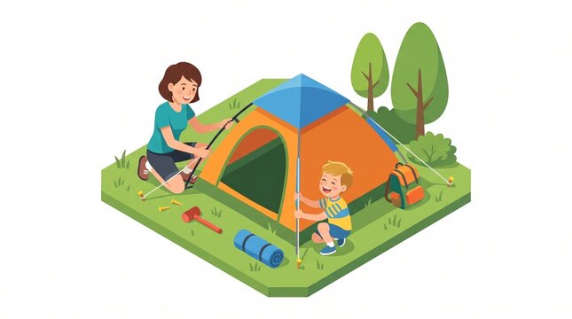 Mother and Son Setting Up Tent Together During Outdoor Camping Adventure in Nature