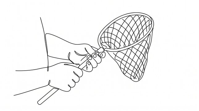 Continuous line drawing of hands holding a butterfly net on a white background