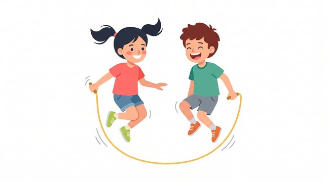 Two happy cartoon children, a boy and a girl, jumping rope together outdoors on a bright day