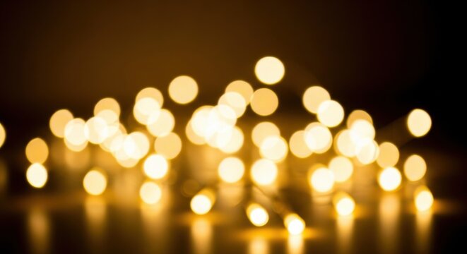 Golden bokeh lights from out-of-focus fairy lights arranged on a dark reflective surface, warm yellow blurry light orbs creating a festive abstract background with a soft glow.