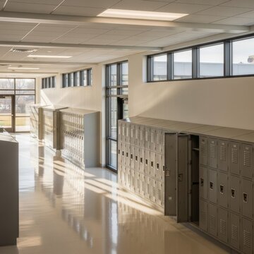 Modern school hallway interior featuring rows of grey metal lockers along walls with polished reflective floors and natural light streaming through high clerestory windows.