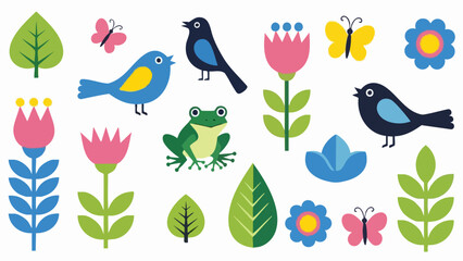 Fototapeta premium Cute cartoon spring nature elements set with birds and flowers.