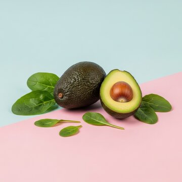 Still life of a whole ripe Hass avocado and one half with seed, accompanied by fresh baby spinach leaves arranged on a minimalist dual-tone pastel blue and pink background.