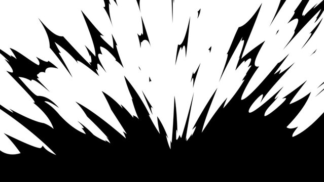 Abstract energy explosion with sharp brush strokes and dynamic impact rays. Black ink burst isolated on white background. Manga comic speed effect for action scenes, power attacks.