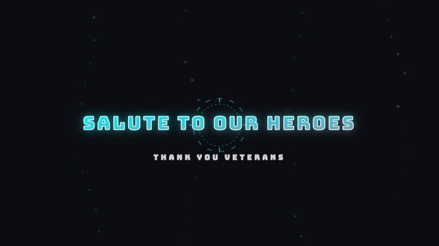 Veterans salute text with neon blue digital icons motion graphic