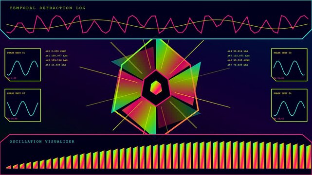 Synthetic perception is displayed through a digital array of shifting geometric shapes and oscillating lines in this modern rhythmic interface for complex data analysis environments