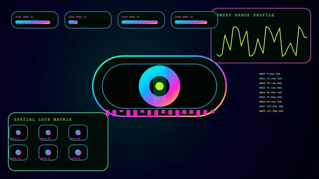 Synthetic perception interface displays dynamic digital circles and frequency graphs cycling through a series of glowing neon hues on a deep black screen for data analysis