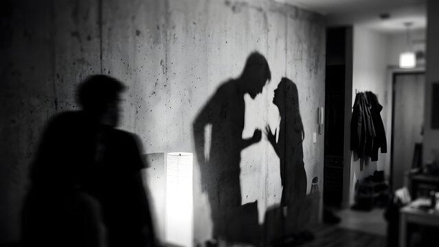 Shadows of a couple arguing on a wall with another person in the foreground, concept of conflict and misunderstanding.
