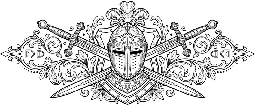 Medieval Knight Helmet Crossed Swords Ornate Emblem Isolated
