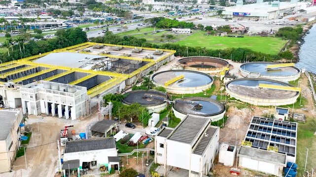 Florian&oacute;polis, Brazil. ETE Insular wastewater treatment plant and urban sanitation infrastructure. Aerial drone view.