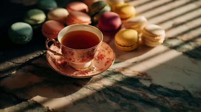 Paris, France, Europe. A still life composition features a vintage teacup filled with tea, placed on a delicate floralpatterned saucer. Surrounding the cup are macarons of various colors.