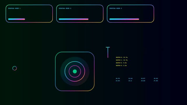 Data stream visualization showing synthetic perception as glowing concentric circles and tracking bars evolve across three distinct digital panels displayed on a dark virtual monitor screen interface